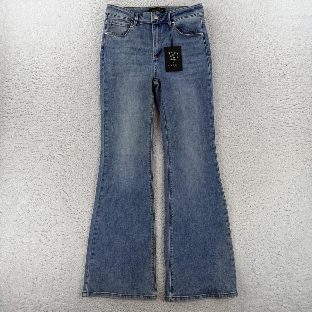 Risen Flare Jeans Womens 11/30 Blue Medium Wash Mid Rise Stretch Denim NWT